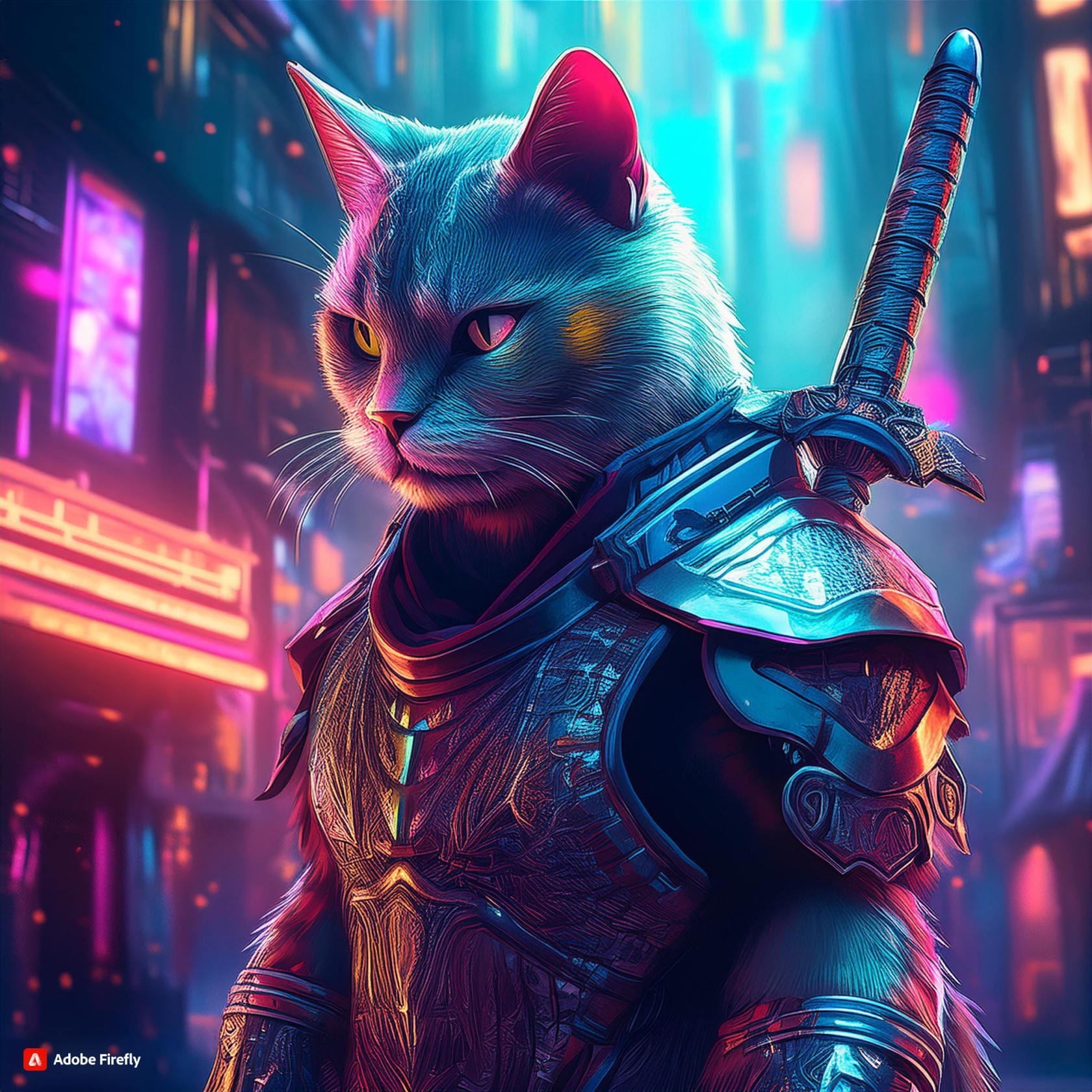 Firefly An anthropomorphic cat in cyberpunk city with a sword and shield 93533.jpg